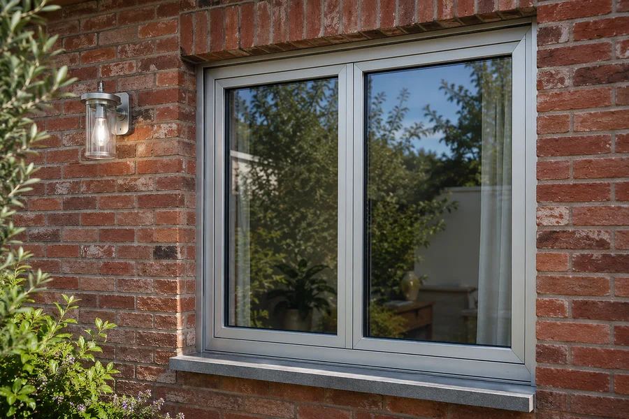 Fenêtre aluminium à cadre gris anodisé et deux vantaux sur une façade en briques rouges — Pulsar Windows