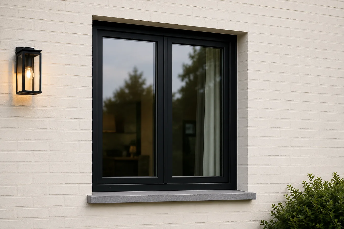 Fenêtre PVC à cadre noir et deux vantaux sur une façade en briques claires, à la tombée du jour — Pulsar Windows