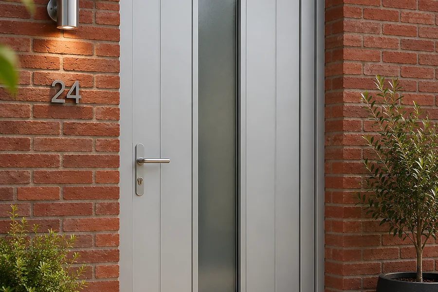 Aluminium entrance door with an anodised grey frame and vertical glazing, on a red-brick façade — Pulsar Windows
