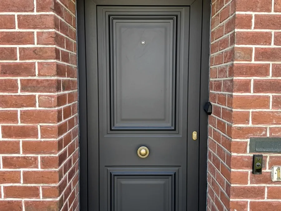 Porte d’entrée noire à panneaux moulurés installée sous un arc en briques.
