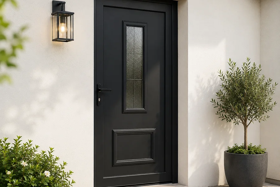 Black PVC entrance door with a moulded panel and glazing, on a light façade — Pulsar Windows