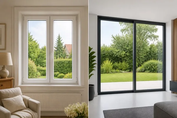 Comparison between a white PVC window and a large aluminium bay