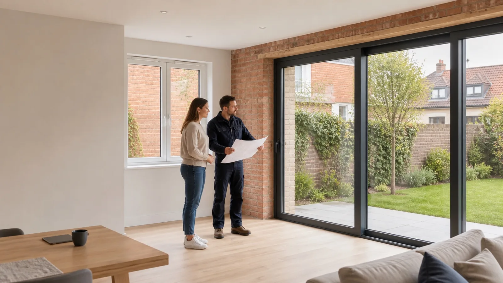 Adviser comparing a PVC window and an aluminium sliding door