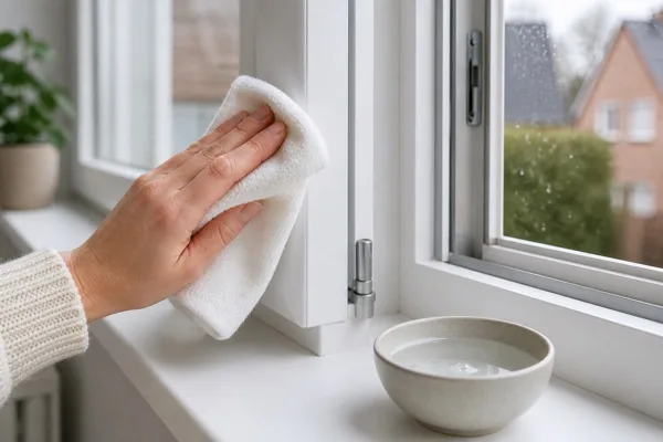 Gentle care of a white PVC window frame with water and neutral soap