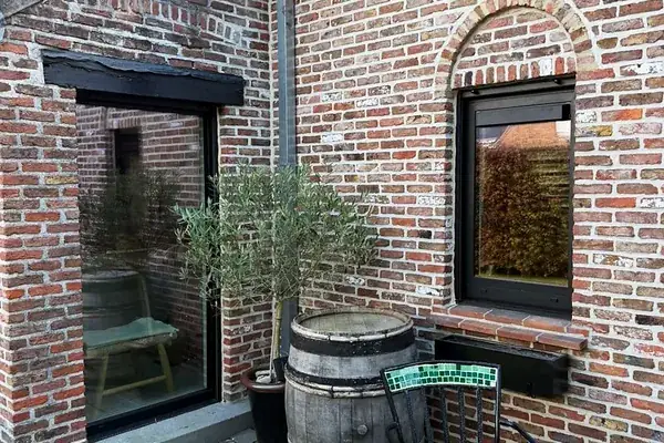 Black-framed windows on a renovated brick house with a terrace — a Pulsar Windows project