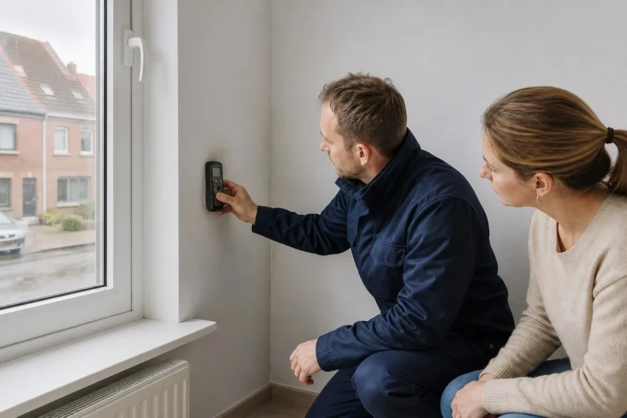 Technician checking humidity and ventilation near a window