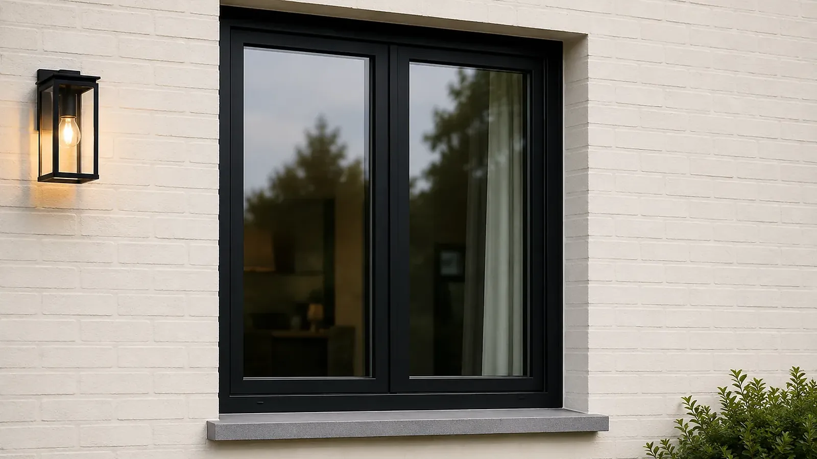 Fenêtre PVC à cadre noir et deux vantaux sur une façade en briques claires, à la tombée du jour — réalisation Pulsar Windows