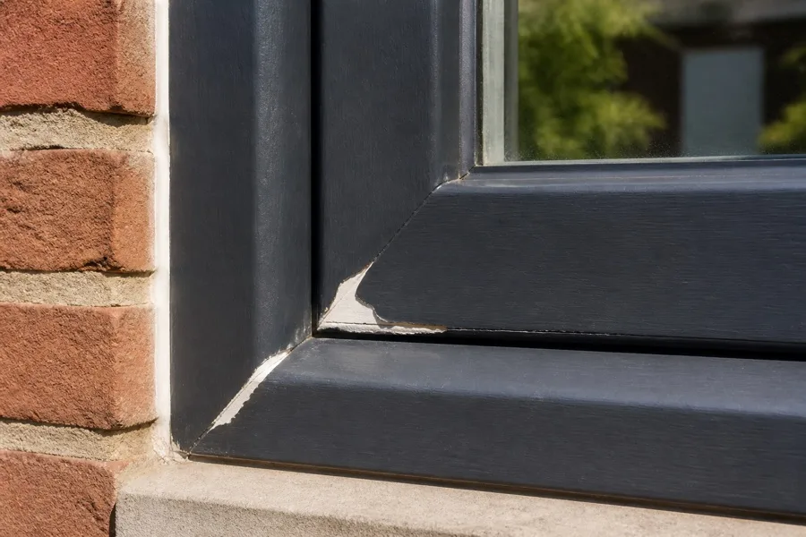 Peinture qui s’écaille dans l’angle d’un châssis en PVC repeint en anthracite
