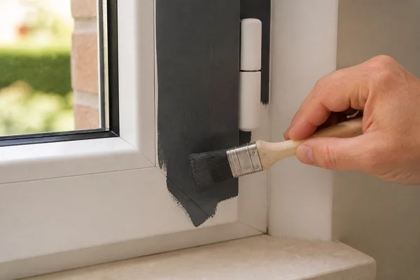 Brushing dark paint onto a white PVC window frame