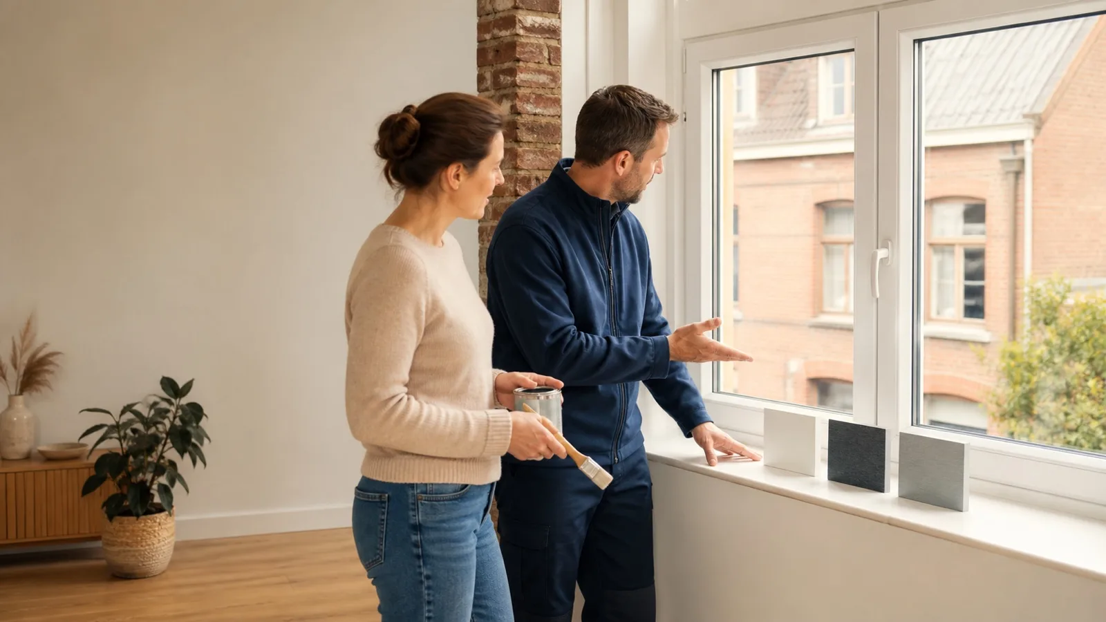 Propriétaires comparant des échantillons de couleur pour repeindre leurs châssis en PVC