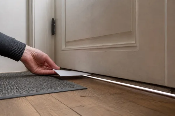 Air-tightness test at a front door threshold with a sheet of paper