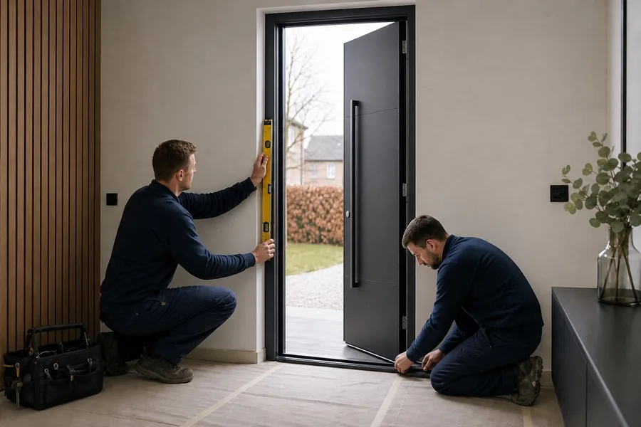 Fitters installing a new anthracite aluminium front door