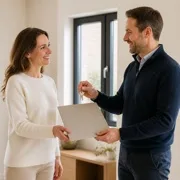 Client recevant les clés et le dossier après la pose