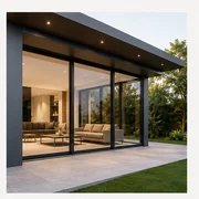 Grandes baies aluminium noires sur une maison contemporaine avec terrasse