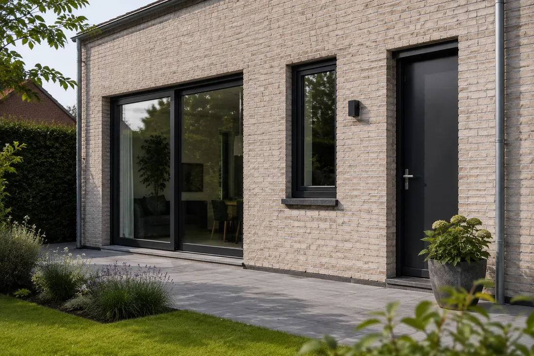 White brick house with a black aluminium sliding door and entrance door