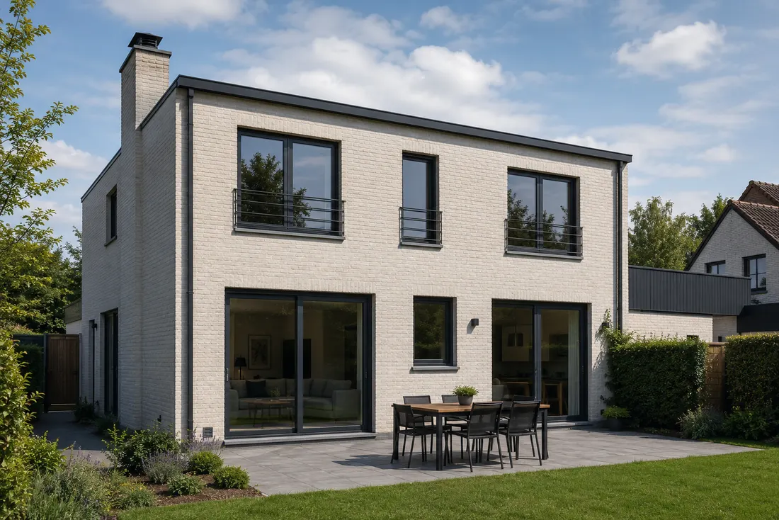 White brick house with black aluminium windows and sliding door, terrace and garden side