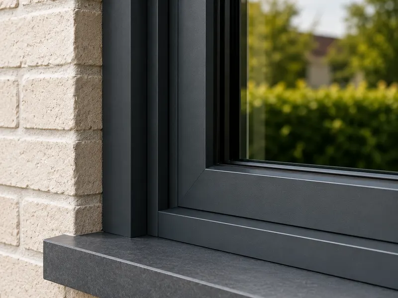 Detail of a black aluminium window with a sturdy profile and a stone sill