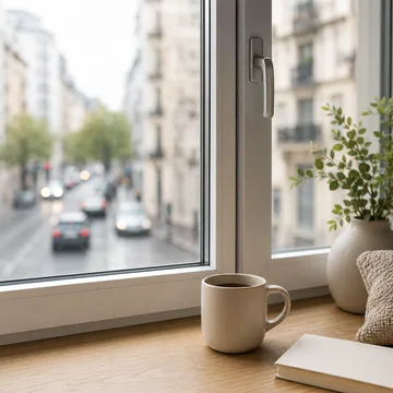 PVC window overlooking a busy street, with a quiet interior and a cup of coffee