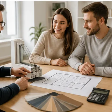 Couple en rendez-vous conseil pour un projet de châssis, avec plans et échantillons