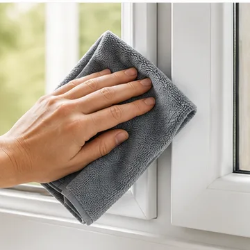 Nettoyage d’un châssis PVC blanc à la main avec un chiffon
