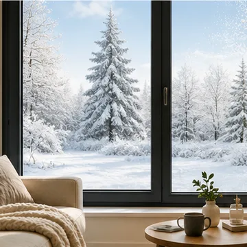 Fenêtre isolante donnant sur un paysage enneigé, intérieur chaleureux