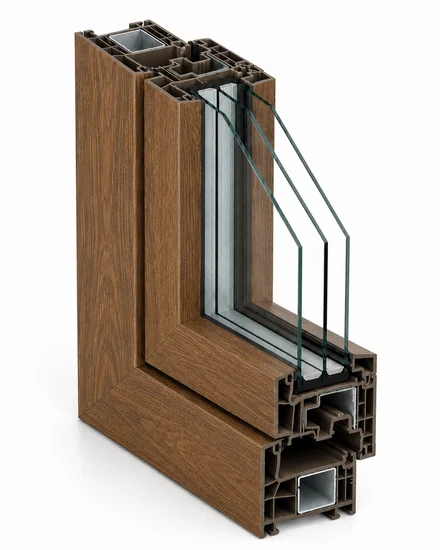 Profilé de fenêtre PVC Kömmerling Horizon à ouvrant caché en coupe, finition aspect bois