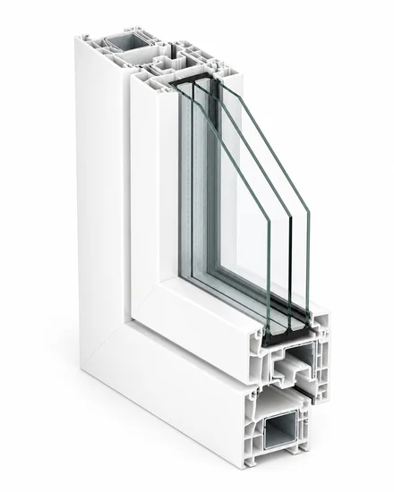 Profilé de fenêtre PVC Kömmerling Horizon à ouvrant caché en coupe, finition blanche