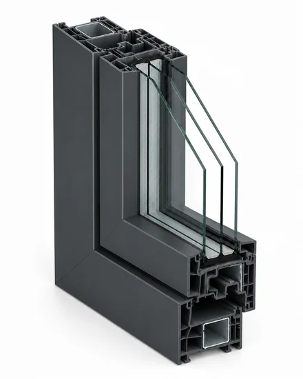 Profilé de fenêtre PVC Kömmerling Horizon à ouvrant caché en coupe, finition anthracite