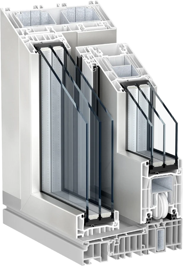 Coin de châssis PremiDoor 76 en PVC blanc, coupe du profilé