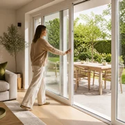 Porte-fenêtre ouverte sur une terrasse depuis une pièce à vivre
