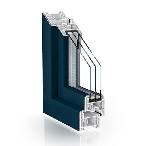 Kömmerling 76 AD AluClip PVC profile in cross-section, with a dark-toned outer aluminium shell