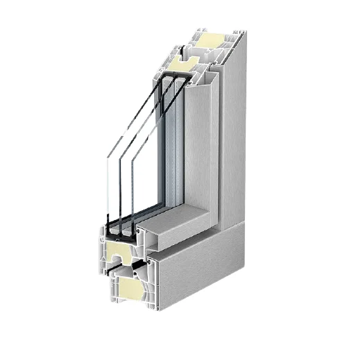 Profilé PVC Kömmerling 76 MD AluClip en coupe, avec coque aluminium extérieure