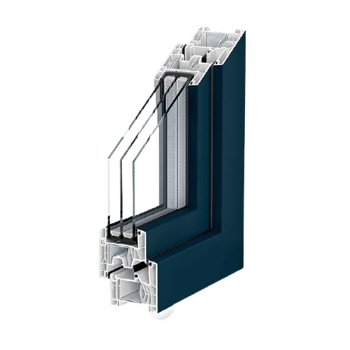 Kömmerling 76 MD PVC profile (centre seal) in cross-section, dark tone — Pulsar Windows