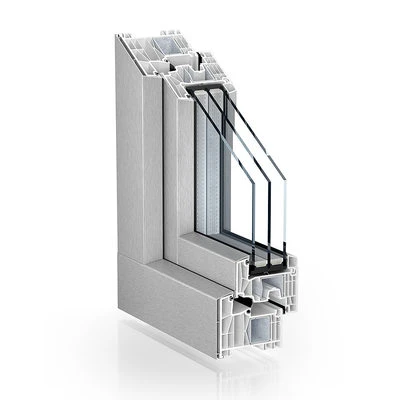 Kömmerling 88 MD AluClip in cross-section, brushed aluminium (stainless look) outer shell, white PVC inside