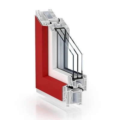 Kömmerling 88 MD AluClip in cross-section, red aluminium (RAL shade) outer shell, white PVC inside