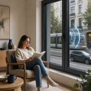 Person reading quietly by a window overlooking the street — Kömmerling 88 MD