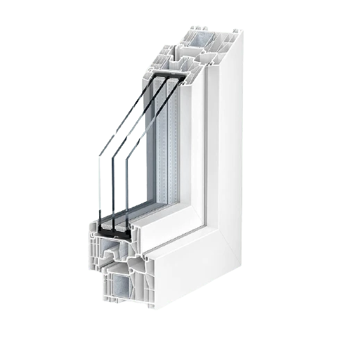 Kömmerling 88 MD PVC profile (88 mm, centre seal) in cross-section, white tone — Pulsar Windows