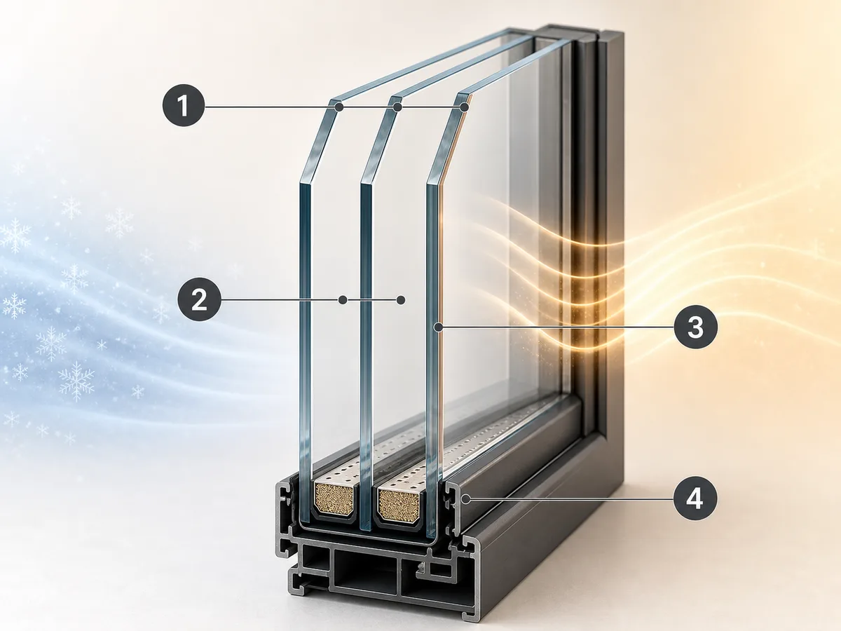 Coupe d’un vitrage isolant : feuilles de verre, chambres de gaz argon, couche basse émissivité et intercalaire warm edge