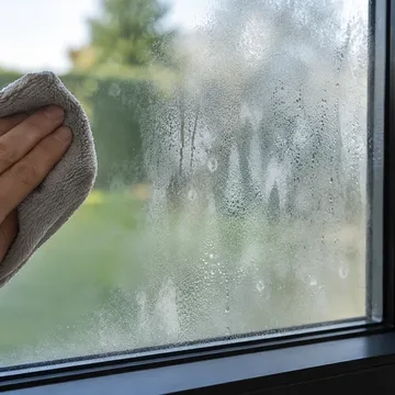 Main qui essuie sans effet la buée prise entre les deux vitres d’un double vitrage