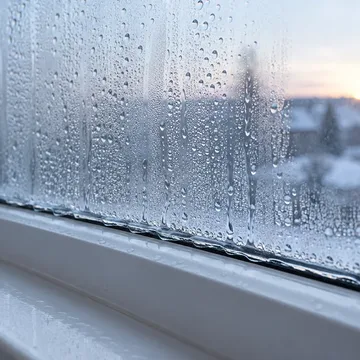 Gouttes de condensation sur la face intérieure d’une vitre au petit matin, appui de fenêtre blanc