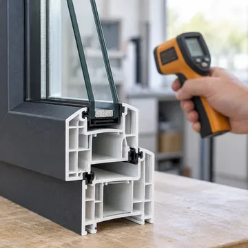 Coupe d’un profilé de fenêtre avec ses chambres d’isolation et son vitrage, thermomètre infrarouge pointé sur le cadre