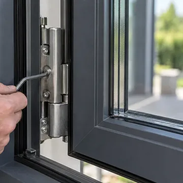 Réglage à la clé Allen de la charnière d’un châssis anthracite ouvert