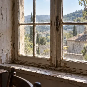 Vieille fenêtre en bois à simple vitrage, peinture écaillée, vue de l’intérieur