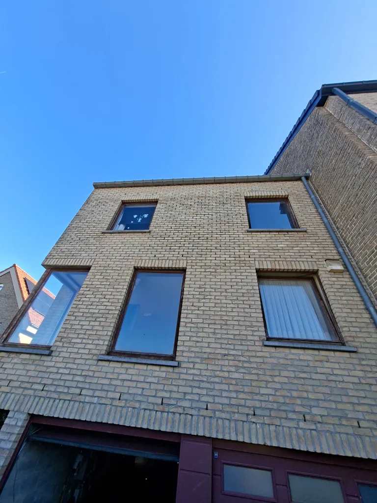 Before: front façade with old timber corner windows